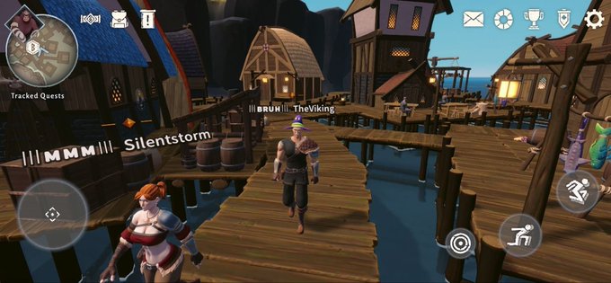 A screenshot of a fantasy MMORPG video game showing characters named Silentstorm and BRUI|| TheViking standing on a wooden dock in a Viking-style village.