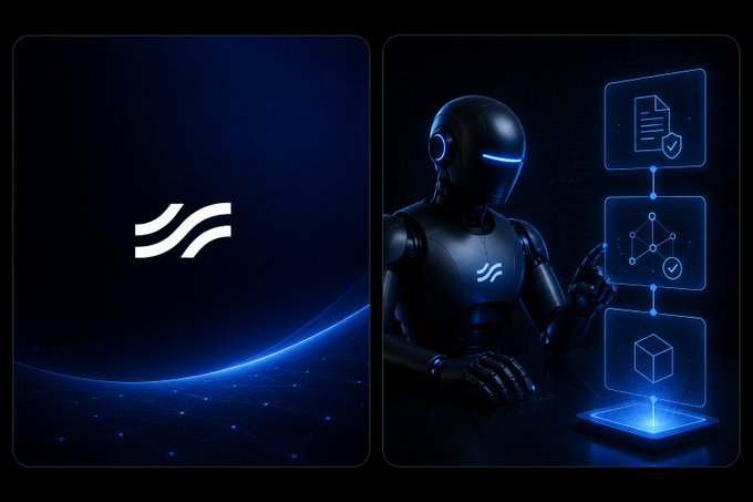 A two-panel image showing a stylized 'S' logo on the left, and a futuristic humanoid robot on the right interacting with floating holographic interface screens.