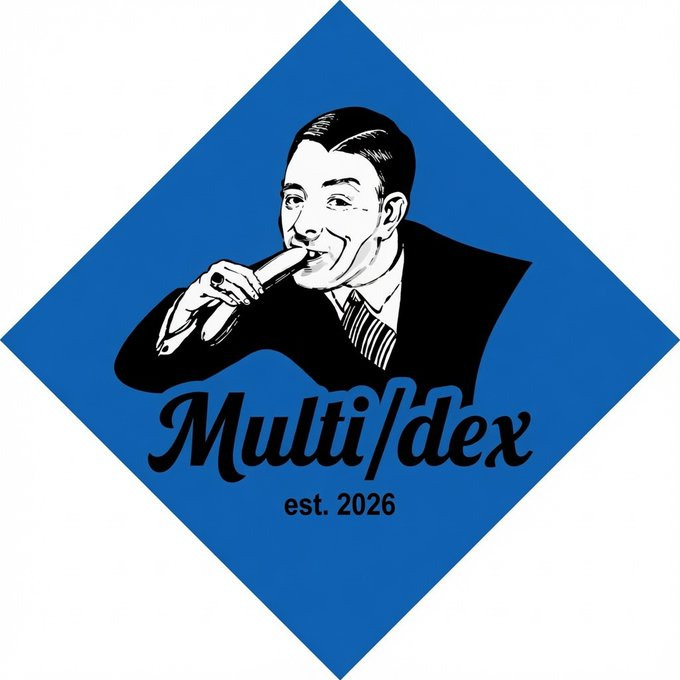 A stylized logo features a retro black-and-white illustration of a well-dressed man in a suit and tie appearing to eat something, set against a blue diamond background, with the text "Multi/dex" and "est. 2026" below. The accompanying post mocks Dominic's promotion of MULTI/DEX on $ICP as the "world's most advanced DeFi," parodying the retro mascot style with the founder happily "consuming" his own hyped fork.