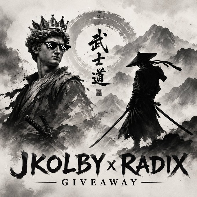 The image features an advertisement for a giveaway called "Kolby x Radix" that involves two people, one of whom is wearing sunglasses and holding a sword while standing next to another person who is also holding a sword. The text on the image reads "Doing a 1 SOL GIVEAWAY! 0.25 to 4 people who: Follow @jKolby & @rqdixx Give away Solana wallets below Winners announced in 48 hours".
