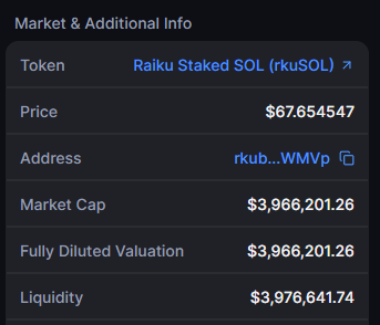 The image displays a table or chart with financial information about Raiku Staked Sol (RSOL) tokens. The columns present information about the tokens' values as well as their pricing, address, and whether they are fully dilute or not. The table also shows that the token has an average daily trading volume of over 6 million tokens and a liquid price of $3.9 million per token at the time it was purchased.