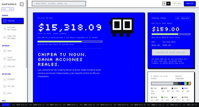 A screenshot of the Chipworks platform in Spanish, displaying a portfolio balance of '$15,318.09' with the headline 'CHIFEA TU NOUN. GANA ACCIONES REALES.' alongside various trading options like TSLA, NVDA, META, and SPCX.