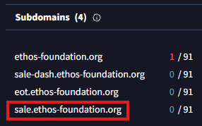 A screenshot showing a list of four subdomains with a red box highlighting "sale.ethos-foundation.org" which shows a 0/91 trust score.