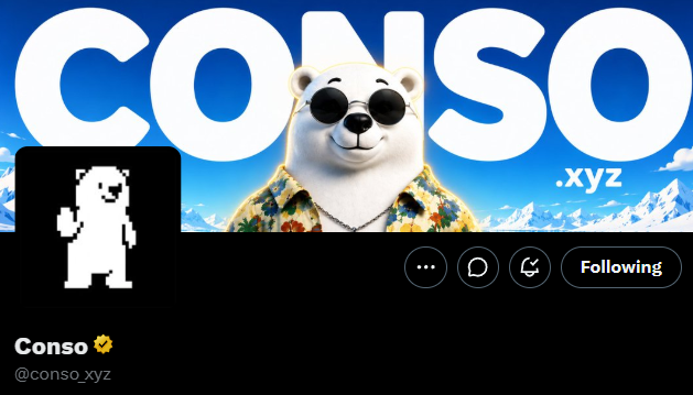 A profile page for “Conso” at “@conso_xyz” uses a blue banner reading “CONSO.xyz,” featuring a sunglasses-wearing bear, a pixel avatar, and a “Following” button.