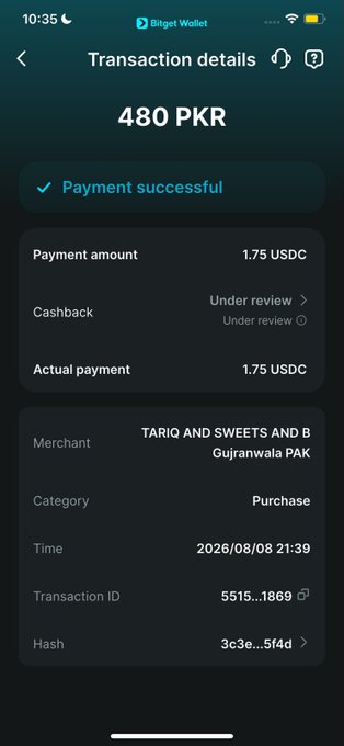 A screenshot of a Bitget Wallet transaction details page showing a successful payment of 1.75 USDC (480 PKR) at "TARIQ AND SWEETS AND B" in Gujranwala, Pakistan, tied to the user's post about spending with their BGW Card via Bitget Wallet.