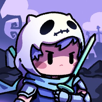 A cute cartoon character wearing a white skull-like helmet with black eye holes, dressed in blue knight's armor and holding a sword, set against a purple sky.