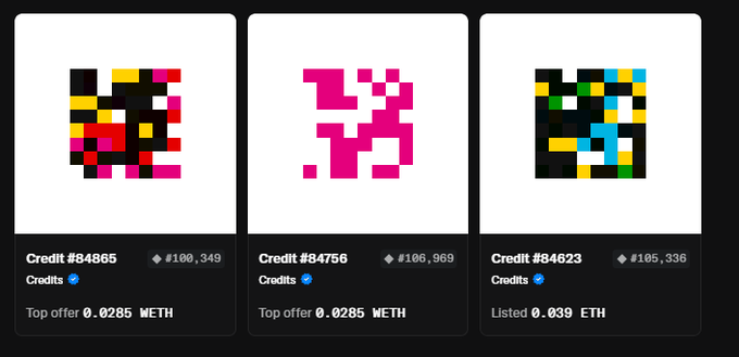 Three NFT collection cards with pixel-art graphics on a black background, labeled 'Credit #84865' (#100,349), 'Credit #84756' (#106,969), and 'Credit #84623' (#105,336), showing prices in WETH and ETH.