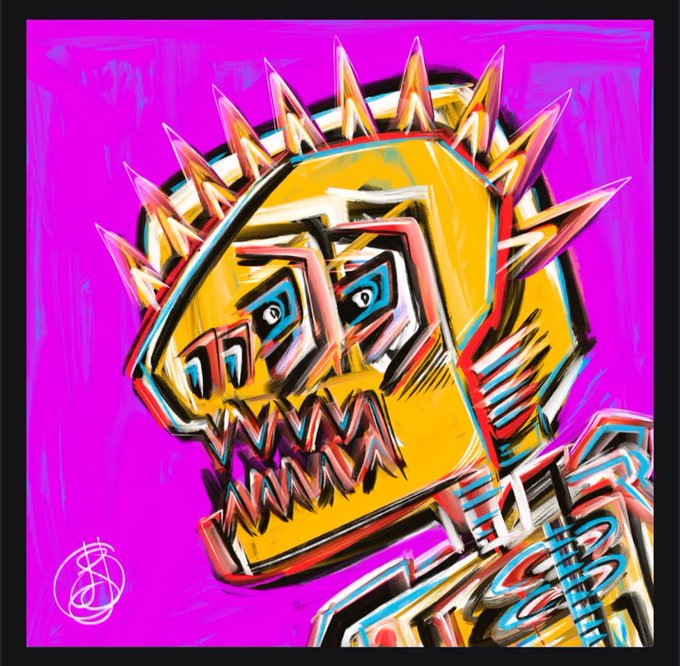 A vibrant digital artwork of a yellow cartoon monkey character with a wide jagged-toothed grin and a spiky mohawk, set against a bright magenta background with the artist's signature in the corner.