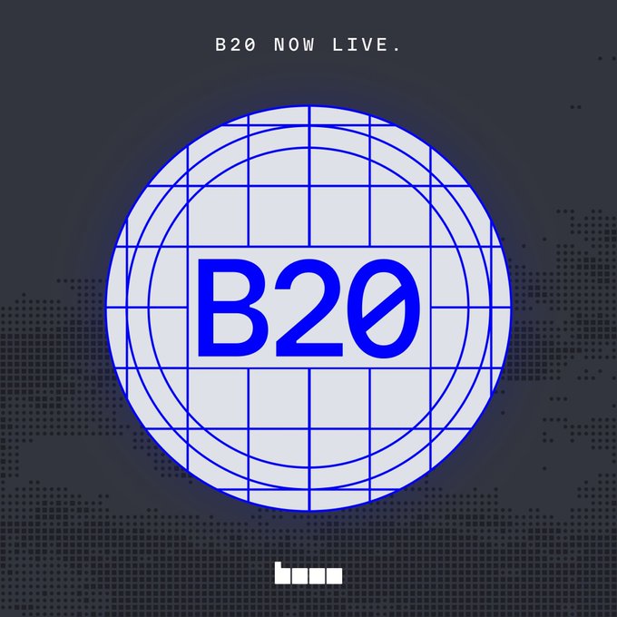 The image shows a stylized blue globe logo with "B20" prominently displayed in the center, accompanied by the text "B20 NOW LIVE." at the top. It relates to the post's message by visually positioning B20 as the modern, forward-looking successor to ERC20, using a globe design to suggest global reach and next-generation adoption.