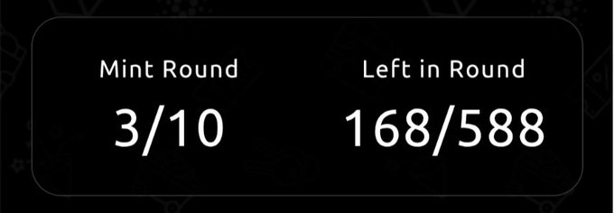 A dark interface card displaying 'Mint Round 3/10' and 'Left in Round 168/588'.