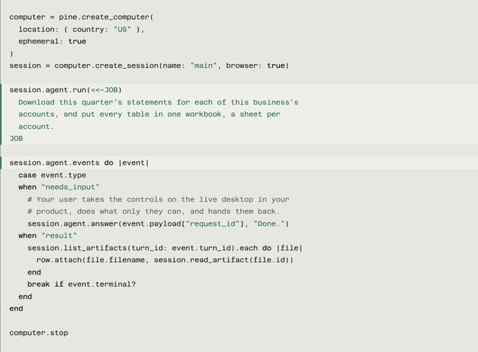 A screenshot of Ruby code using the Pine library to create a computer session, instructing an agent to download and compile business account statements into a workbook with separate sheets per account.