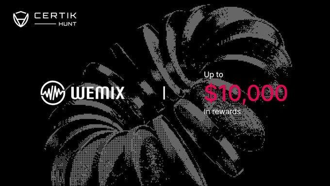 The image is a promotional graphic for a bug bounty program, featuring the CertiK Hunt logo in the top-left corner, the WEMIX logo in the center-left, and text on the right reading "Up to $10,000 in rewards" against a dark, abstract background. The bold $10,000 in pink emphasizes the maximum payout for security researchers participating in the WEMIX Bug Bounty Program on CertiK Hunt.