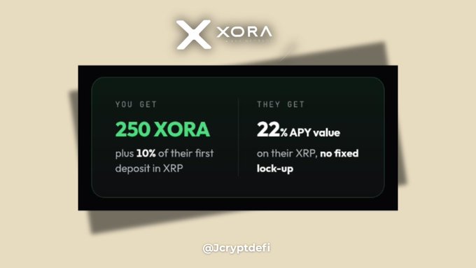 A promotional graphic for 'XORA' cryptocurrency showing a referral offer: 'YOU GET 250 XORA plus 10% of their first deposit in XRP' and 'THEY GET 22% APY value on their XRP, no fixed lock-up'.