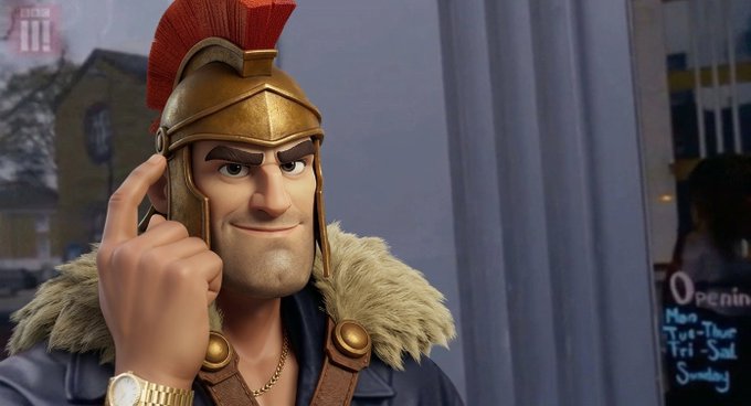 A 3D animated character wearing a Roman-style helmet with a red plume and a fur-collared jacket, posing with a finger to his head in front of a store window.