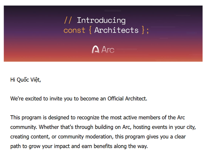 Email from Arc announcing 'Introducing const {Architects};' inviting Quốc Việt to become an Official Architect in their recognition program.