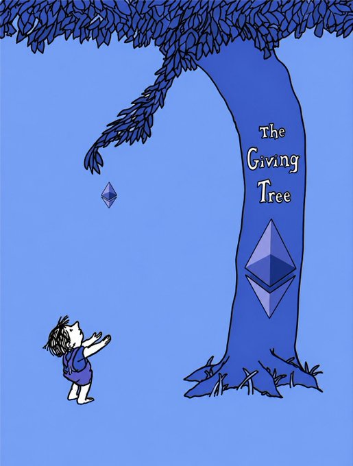urn of blue leaves hangs from a tree branch, with the text "The Giving Tree" above it and an illustration of a child reaching for the leaves below.