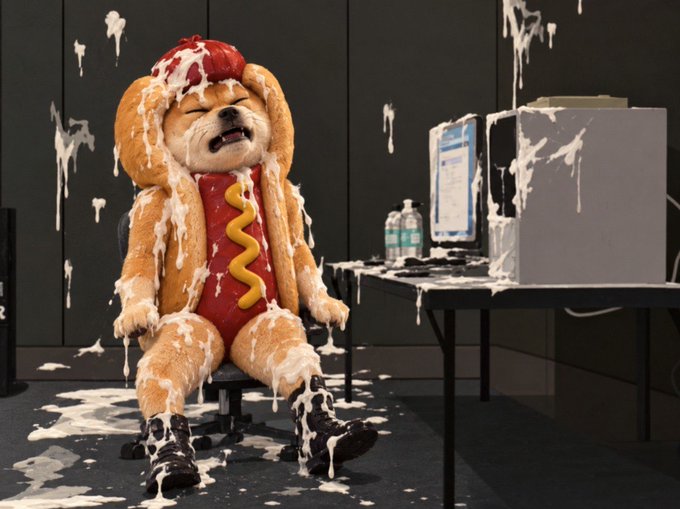 A person in a dog mascot costume is covered in a white foamy substance while sitting at a desk with a computer monitor and tower.