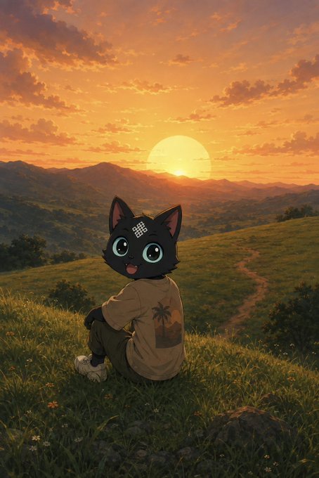 A digital illustration of a cute black cat-like character with large teal eyes sitting on a grassy hill, watching a vibrant sunset over rolling mountains.