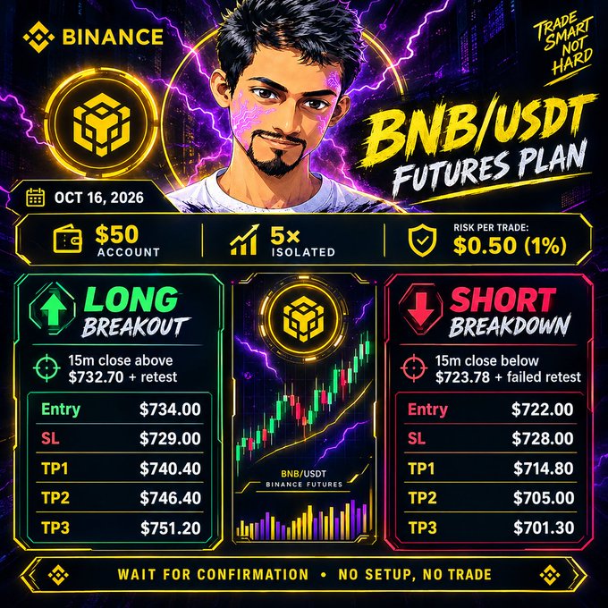 Binance BNB/USDT futures trading plan dated Oct 16, 2026, showing a $50 account with 5x isolated leverage, detailing Long Breakout and Short Breakdown strategies with entry, SL, and TP levels.