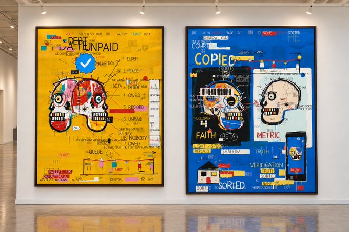 Two large, colorful paintings displayed in an art gallery, featuring text, skull imagery, and graffiti-style artwork on yellow and blue backgrounds.