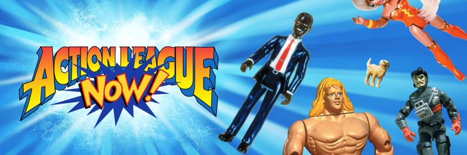 A bright blue promotional graphic for 'ACTION LEAGUE Now!' featuring action figures of a suited character, a blonde strongman, a dog, a ninja figure, and a superhero in red.
