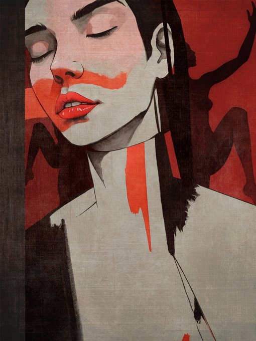A stylized pop-art portrait painting of a woman with closed eyes, featuring bold red and black colors with paint drip effects, reminiscent of modern graphic novel illustrations.