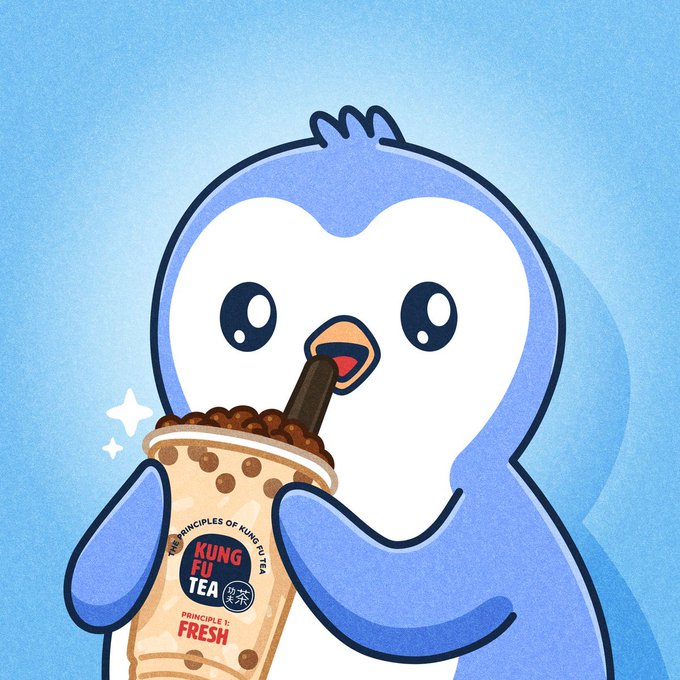 A cartoon illustration shows a character in a blue penguin costume drinking from a cup labeled "KUNG FU TEA" with the text "PRINCIPLE 1: FRESH" visible.