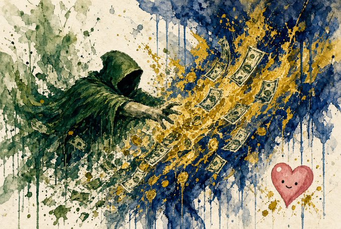 A watercolor painting depicting a hooded figure reaching toward a stream of gold splatter and dollar bills, with a small smiling pink heart in the corner.