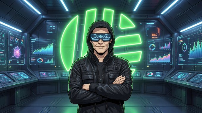 Stylized illustration of a man in a black hoodie wearing futuristic blue digital glasses, standing with arms crossed in a high-tech control room with multiple data screens and a large green glowing logo behind him.