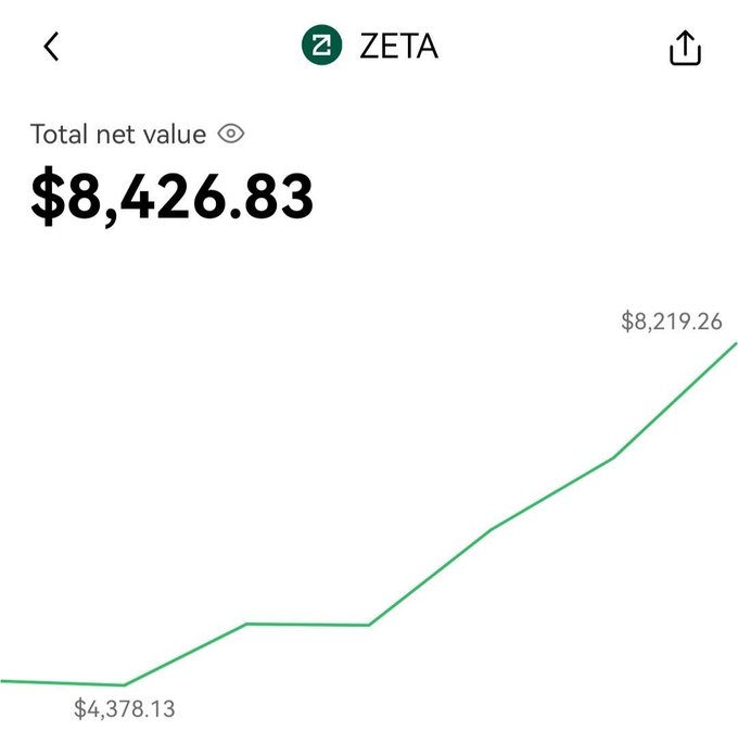 Zeta financial dashboard showing a total net value of $8,426.83, with a green upward-trending chart from a starting balance of $4,378.13 to $8,219.26, complementing the post about profiting from testnet airdrops.