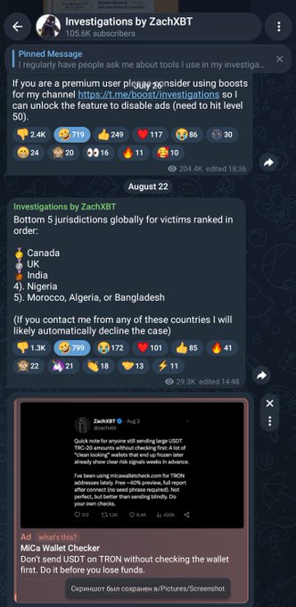 A Telegram post from "Investigations by ZachXBT" (105.6K subscribers) warns of a USDT TRC-20 wallet checker scam, advising users not to send funds before verifying the wallet, along with a pinned message noting premium members can disable ads after hitting level 50. The image illustrates the type of fraudulent ads that can appear in large Telegram channels, matching the context of the post about scam Telegram advertisements.