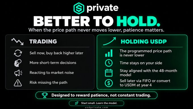 An infographic for the "private" token with the headline "BETTER TO HOLD" compares the negatives of "TRADING" (like reacting to market noise) against the positives of "HOLDING USDP" (where the programmed price path is never lower), directing viewers to start small at usdprivate.com.