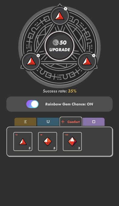 A mobile game interface showing an upgrade screen with a magic circle design, a '50 UPGRADE' button, 35% success rate, Rainbow Gem Chance: ON toggle, and three upgrade item slots at the bottom.