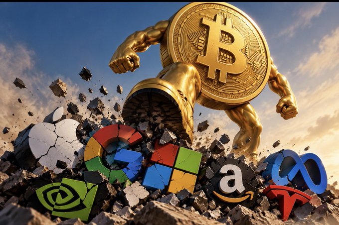 A muscular golden Bitcoin coin smashes through logos of major tech giants including Google (G), Microsoft (Windows), Amazon, Meta, and Tesla, symbolizing Bitcoin's potential to surpass the market capitalizations of these trillion-dollar companies as outlined in the accompanying post. The image visually reinforces the message that at various price milestones, Bitcoin could flip the valuations of companies like Meta ($92k), SpaceX ($104k), TSMC ($122k), Amazon ($135k), Microsoft ($191k), Google ($207k), Apple ($242k), and NVIDIA ($281k).