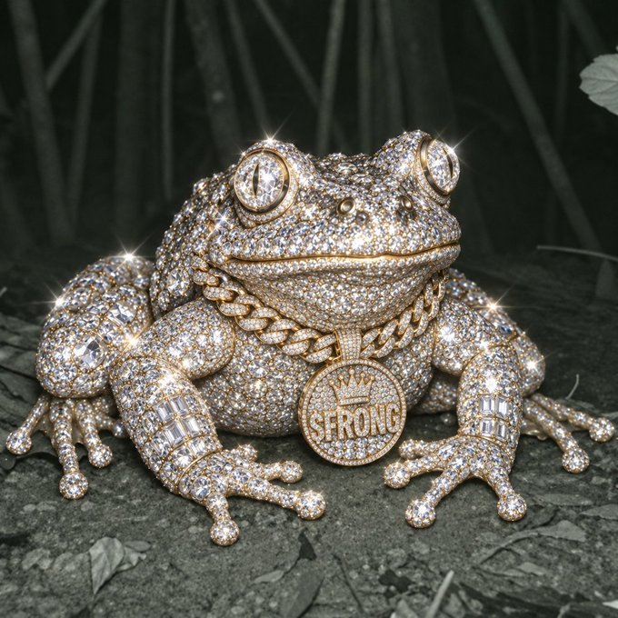 A hyper-realistic image of a frog entirely encrusted in diamonds and gold, wearing a diamond Cuban-link chain with a "$TRONG" medallion, sitting on the ground against a dark background.