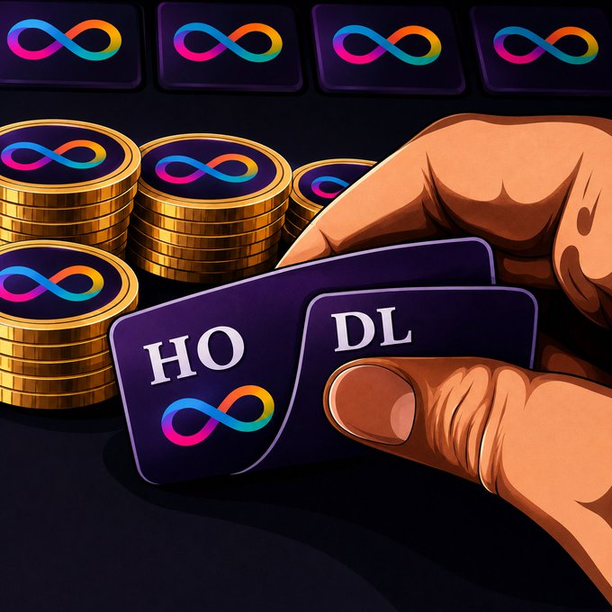 A hand holds two cards labeled "HO" and "DL" with infinity symbols, alongside stacks of gold coins branded with the same infinity logo, visually playing on "$ICP" (likely "Hold"/"HODL" crypto terminology) while the infinity symbol alludes to the Internet Computer Protocol (ICP) ecosystem.