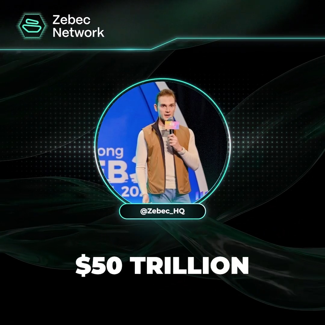A Zebec Network branded graphic featuring a circular photo of @Zebec_HQ holding a microphone at what appears to be a conference (with "FEB 20" partially visible), overlaid with bold text reading "$50 TRILLION," visually emphasizing the massive global payroll market opportunity for stablecoin adoption.