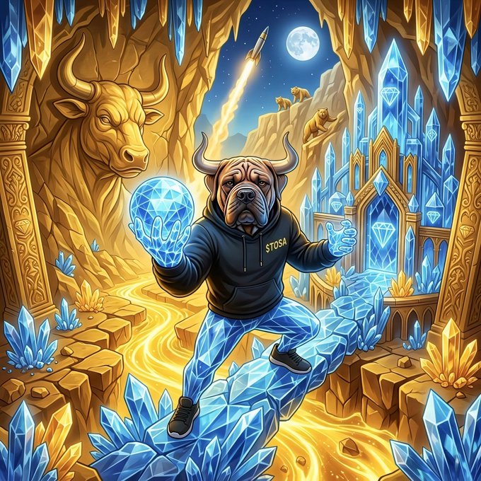 A fantasy digital artwork featuring an anthropomorphic bull wearing a 'STOSA' hoodie, holding a glowing blue diamond, standing amid crystals with a carved stone bull head and other bulls in the background.