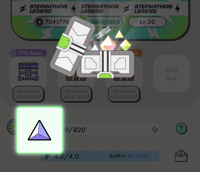 A loot box opening screen from a game featuring 'STEPNATHON LEGEND' sneaker NFTs, with reward crates costing thousands of GST and a 4.0/4.0 energy refill in 3h 39min.