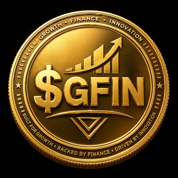 A close-up image of a gold coin with the text '$GFIN' embossed in the center, surrounded by a bar chart graphic and the words 'GROTH • FINANCE • INNOVATION' along the rim.