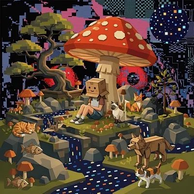 A pixel-art illustration of a character with a box head sitting under a large red mushroom in a fantasy landscape with animals, trees, and a starry night sky.