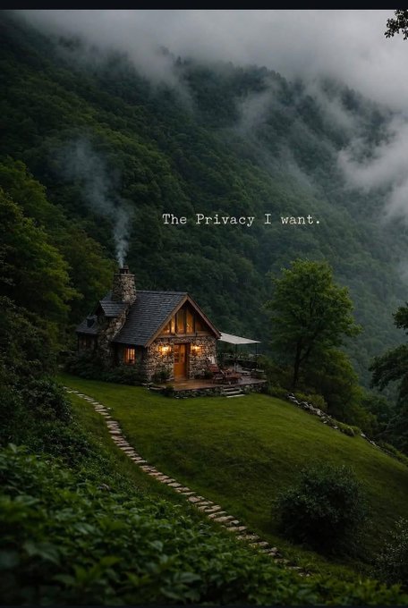 A stone cabin nestled on a lush, green hillside amidst misty mountains, with the text 'The Privacy I want.' overlaid in the center.