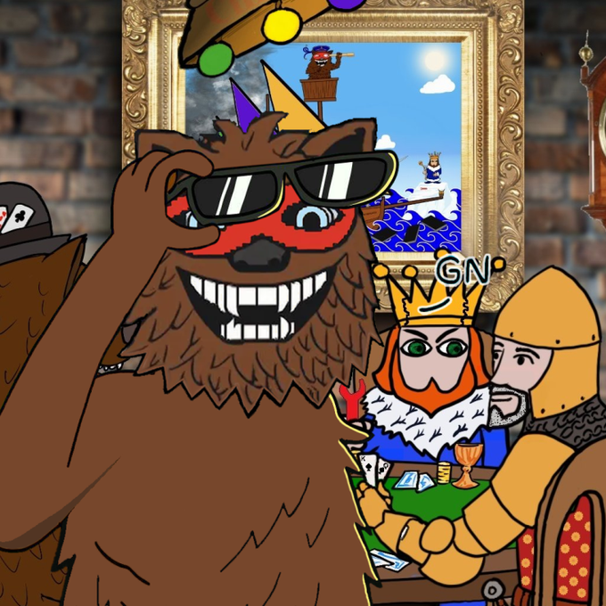 A colorful digital illustration featuring a large brown bear with a red face mask and sunglasses, wearing a party hat, alongside a crowned gnome character ('GN') playing cards with a knight.