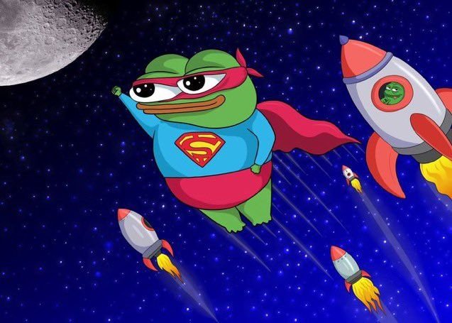 A cartoon Pepe the Frog dressed as Superman flies through a starry space scene alongside several rockets, with the moon visible in the background.