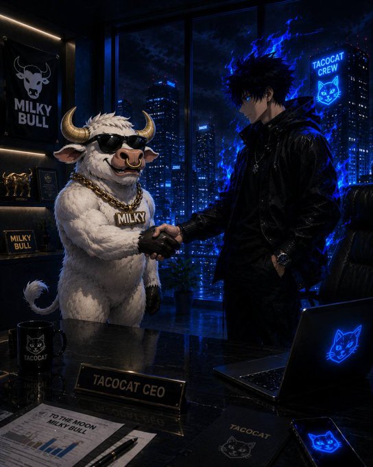 An AI-generated image showing a handshake between an anthropomorphic bull wearing sunglasses and a gold chain labeled 'MILKY' and a dark-haired anime-style character with blue flame effects, branded with 'MILKY BULL' and 'TACOCAT CREW' logos near a desk marked 'TACOCAT CEO'.