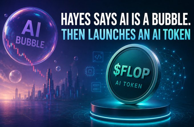 A satirical graphic titled 'HAYES SAYS AI IS A BUBBLE. THEN LAUNCHES AN AI TOKEN', showing a pink bubble labeled 'AI BUBBLE' with a falling chart and a glowing token labeled '$FLOP AI TOKEN' on a pedestal.