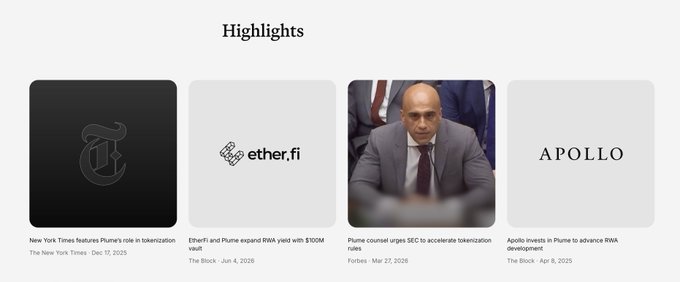 A 'Highlights' section featuring four article cards with logos for the New York Times, ether.fi, Forbes, and Apollo, all relating to news about the Plume network.