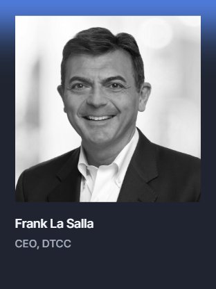 A black-and-white portrait of Frank La Salla, CEO of DTCC, with his name and title displayed below. The image supports the post's playful announcement that the DTCC CEO will be speaking at the LINK: NYC event.