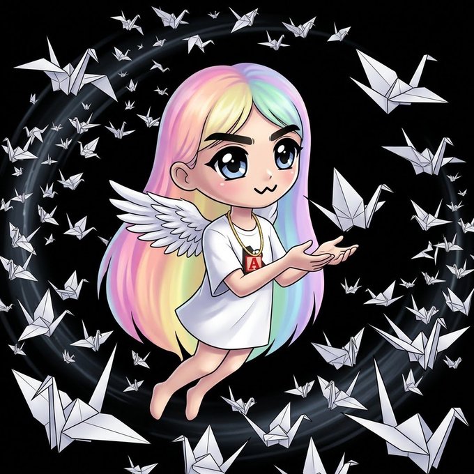 A chibi-style illustration of a girl with rainbow pastel hair, white angel wings, and a white dress, floating amid swirling origami paper cranes on a black background.