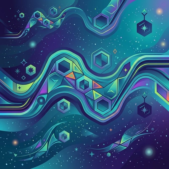 An abstract digital artwork with a cosmic or fantasy aesthetic, featuring flowing teal and purple wave-like ribbons interwoven with glowing geometric hexagonal and triangular shapes against a starry dark blue background.